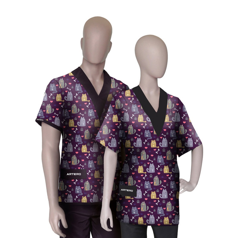 Tunique professionnelle Artero Purple – motif chats violet