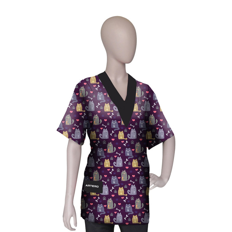 Tunique professionnelle Artero Purple – motif chats violet