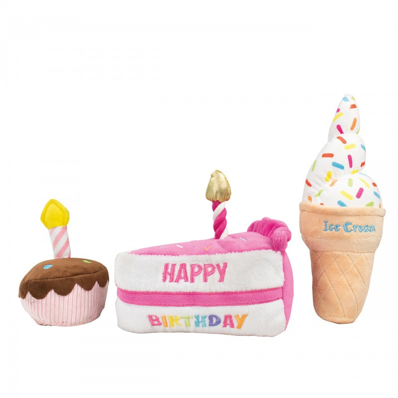 SADA PLYŠOVÝCH HRAČEK PRO PSY „BIRTHDAY“ – 3 KS