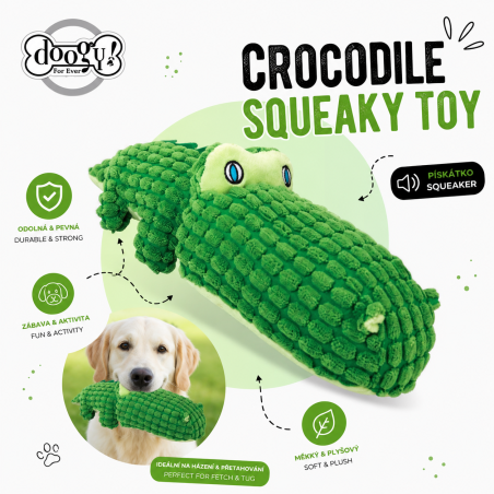 Crocodile vert Doogy 35 cm – jouet en peluche pour chien avec couineur