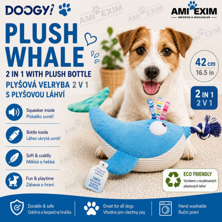 PELUCHE BALEINE 2-EN-1 AVEC BOUTEILLE EN PELUCHE – 42 CM