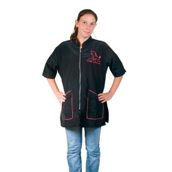 Letizia pracovní plášť – černý s růžovou výšivkou